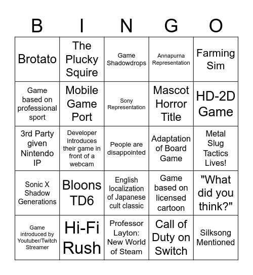 Indie World Bingo! 2024-08-27 Bingo Card