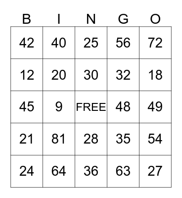 MULTIPLICATION Bingo Card