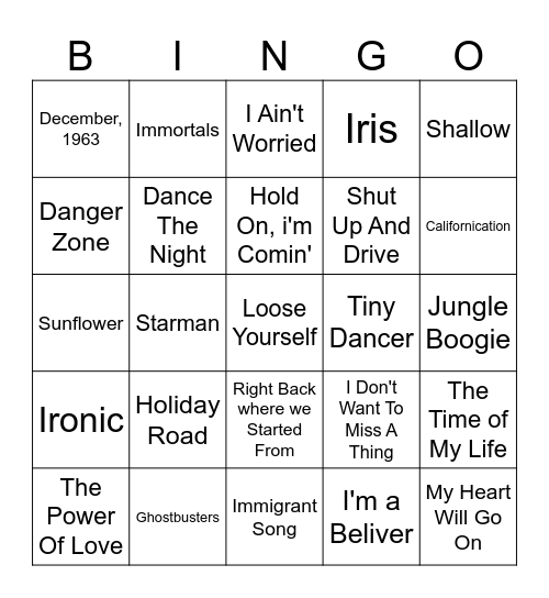 Music from Movies Bingo Card