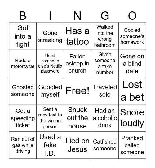 Bingo Adult Edition Bingo Card