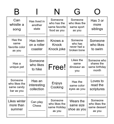 Getting to Know You Bingo Card