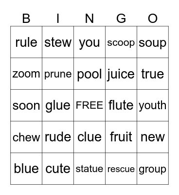 'oo' 'ew' 'ue' 'ou' 'u-e' 'ui' Bingo Card