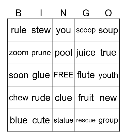 'oo' 'ew' 'ue' 'ou' 'u-e' 'ui' Bingo Card