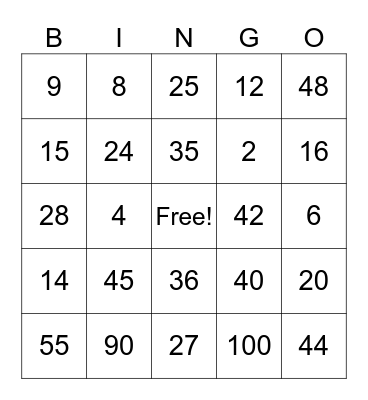 Multiplication Bingo Card
