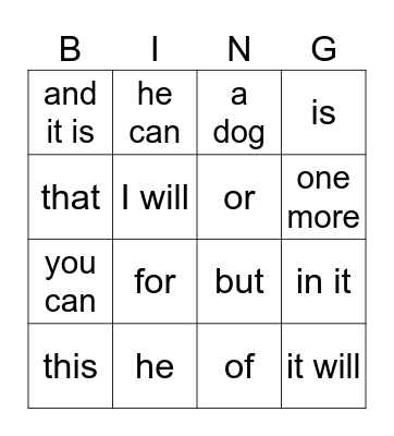 Sight Words Bingo Card