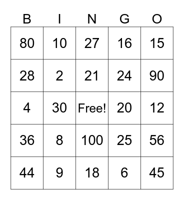 Multiplication Bingo Card