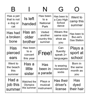 Back to School Bingo Card