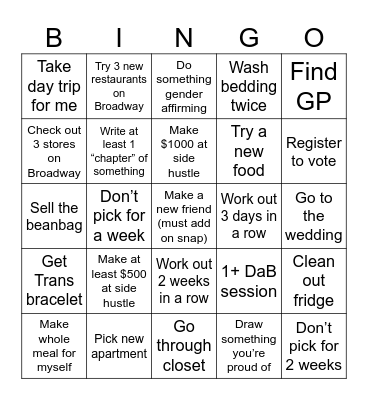 Kieran: End of August/September Bingo Card