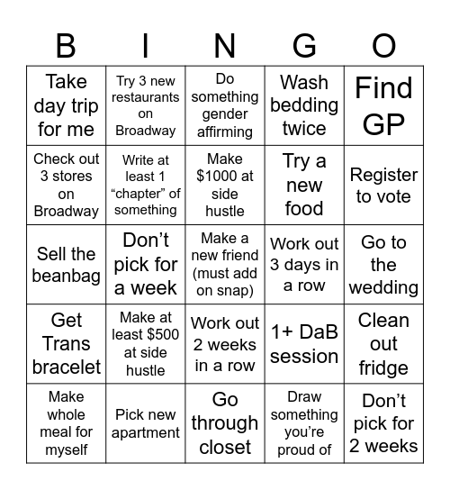 Kieran: End of August/September Bingo Card