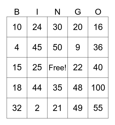 Multiplication Bingo Card