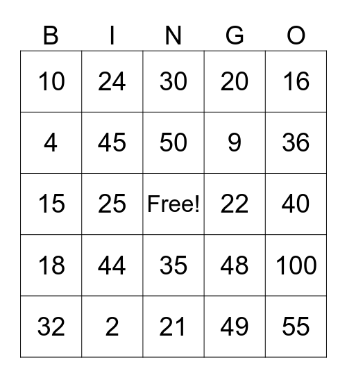 Multiplication Bingo Card