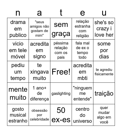 ex namorade!!! Bingo Card