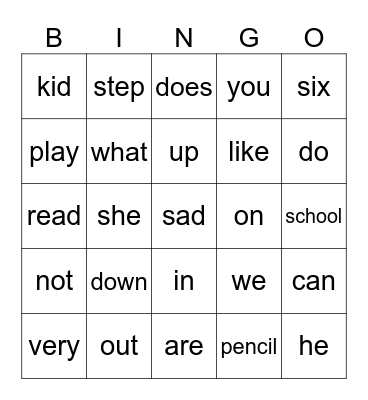 Vocabulary Review Bingo Card