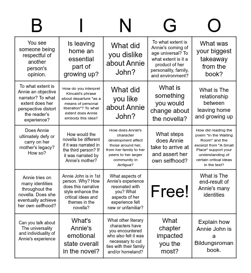 Socratic Seminar Bingo Card