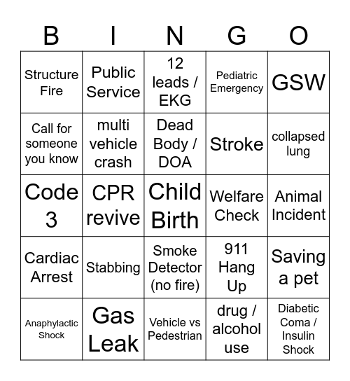 EMT Bingo Card