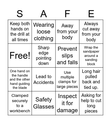 General Shop & Hand Tool Safety Bingo Card