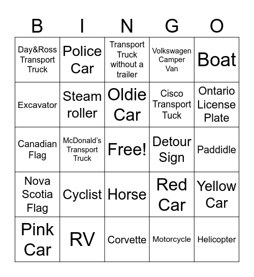 Car Bingo Card