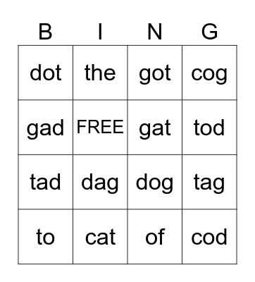 C, O, A, D & G Bingo Card