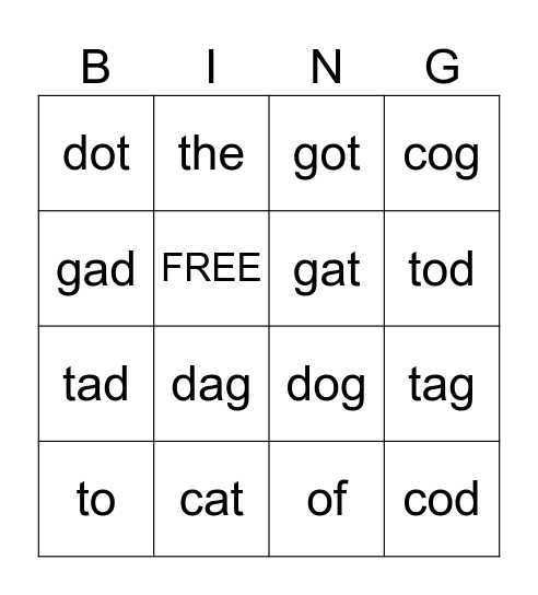 C, O, A, D & G Bingo Card
