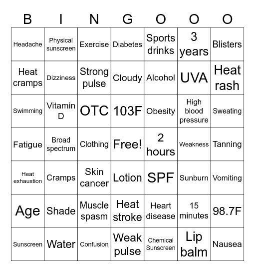 Sun Safety Bingo Card