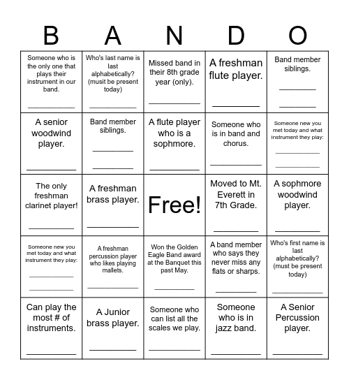 Band Bingo Card