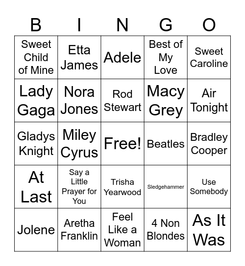 SONGS Bingo Card