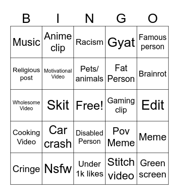 Instagram reels Bingo Card