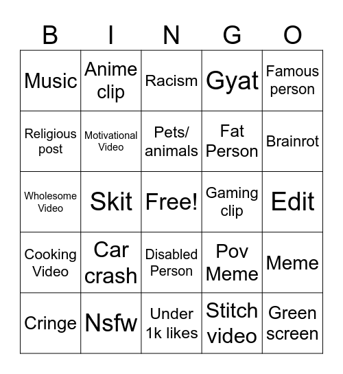 Instagram reels Bingo Card