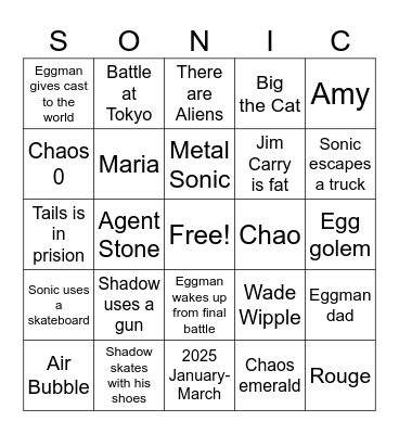 Sonic Movie 3 Bingo Card