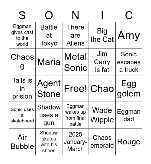 Sonic Movie 3 Bingo Card