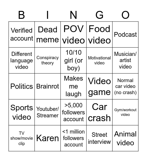 TikTok/Instagram Reels BINGO Card