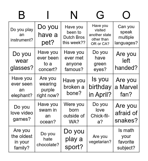 Get to Know You Bingo Card