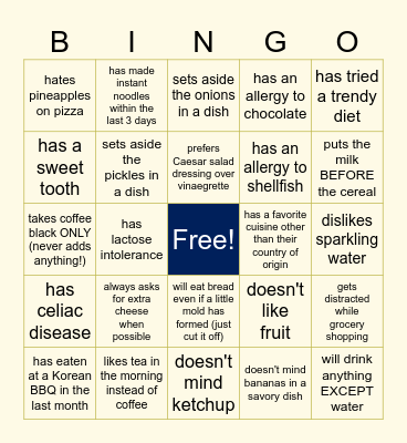 Food Quirk Bingo (ASU Icebreaker 28/08/24) Bingo Card