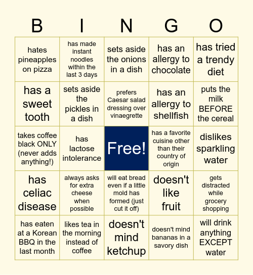 Food Quirk Bingo (ASU Icebreaker 28/08/24) Bingo Card