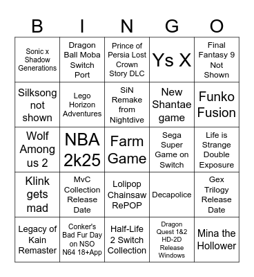 Nintendo Direct Predictions Bingo Card