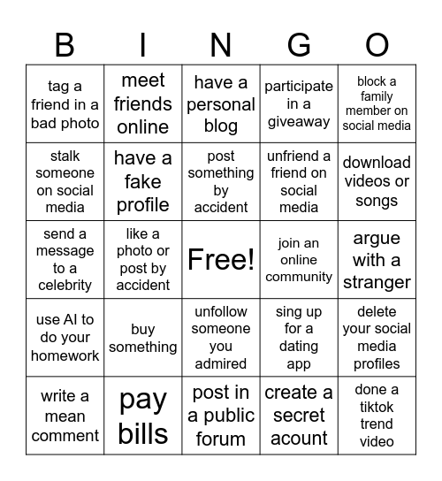 Experiences Bingo Card