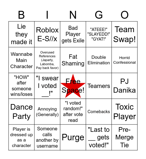 Total Roblox Drama Bingo (Camp) (Vid Safe) Bingo Card