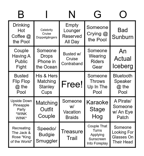 Tyler, Danaye & Fuzzy's Cruise Ship Bingo Card