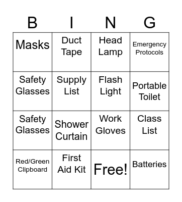 Emergency Bucket Bingo Card