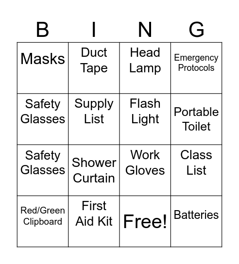 Emergency Bucket Bingo Card