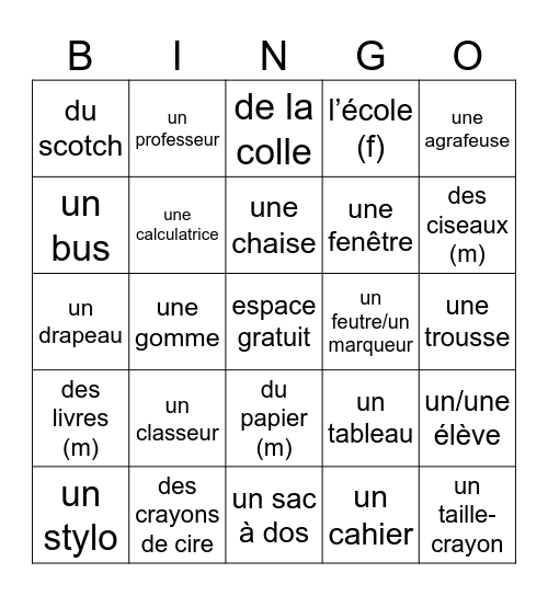 French L'ÉCOLE Bingo Card