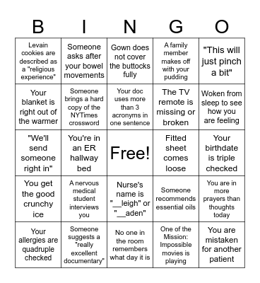 Hospital Bingo to Help Pass the Time Bingo Card