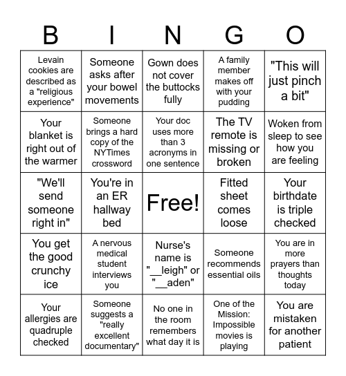 Hospital Bingo to Help Pass the Time Bingo Card