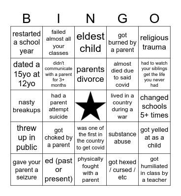 TRAUMA DUMP BINGO!!! Bingo Card