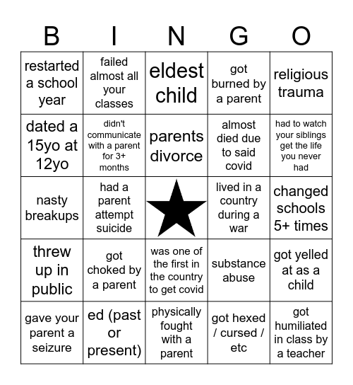 TRAUMA DUMP BINGO!!! Bingo Card