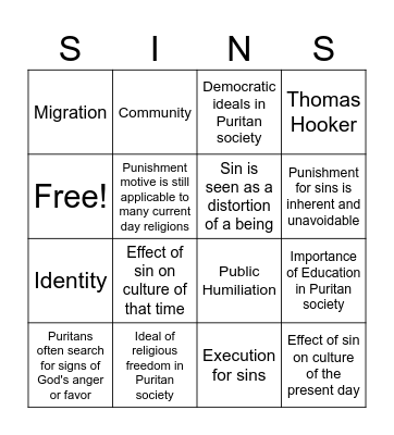 Sin in Puritan Faith and Society Bingo Card