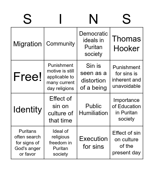 Sin in Puritan Faith and Society Bingo Card