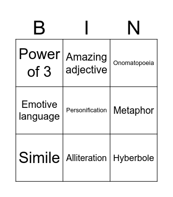 Descriptive language techniques Bingo Card