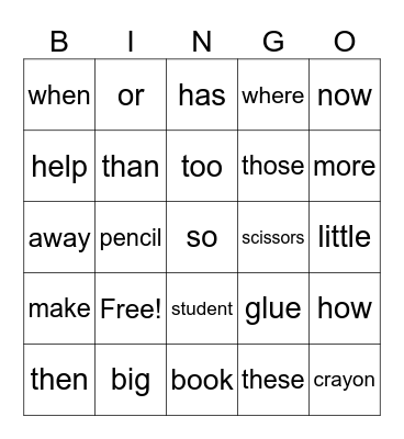 LOTIS Sight Words 3A Bingo Card