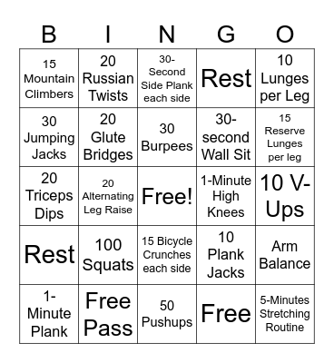 Fitness Bingo Card